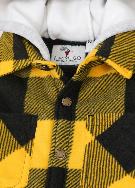 Snap buttoned front closure detail on kids yellow black sherpa lined jacket