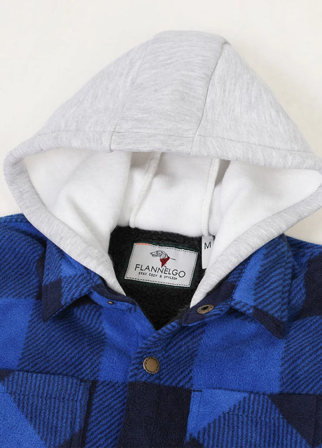 Cozy hood detail on kids blue sherpa lined hooded plaid jacket