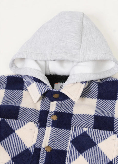 Detail of kids navy beige warm fleece jacket with hood