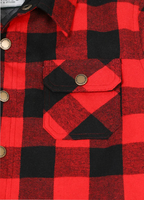 Closed-up of kid's red buffalo plaid quilted lined flannel jacket pocket with button