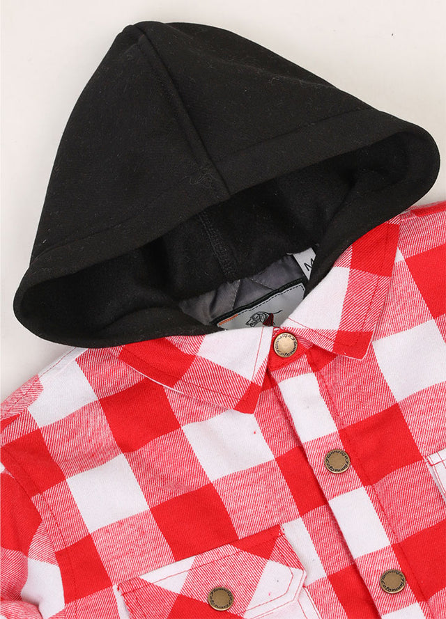 Detail of hood on kids crimson checkered hooded flannel shirt jacket