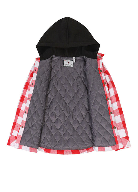 Quilted lined detail on kids crimson checkered hooded flannel shirt jacket