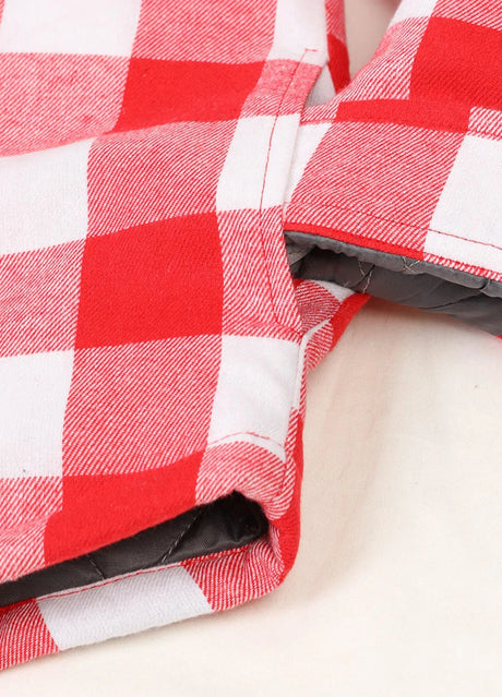 Zoomed-in view of kids crimson checkered hooded flannel jacket with hand pocket