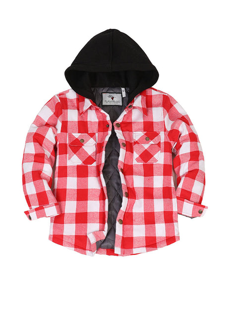 Front view of kids crimson checkered flannel shirt jacket