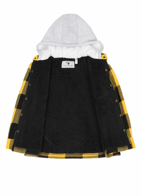 Close-up of warm sherpa lining on kids yellow black plaid jacket