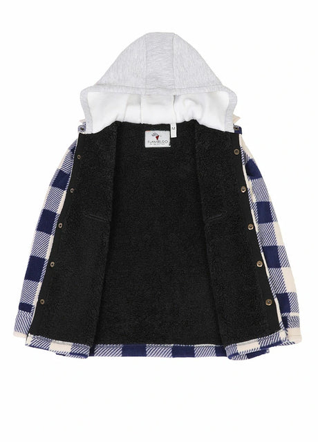 Detail of cozy sherpa lining on kids navy beige plaid jacket