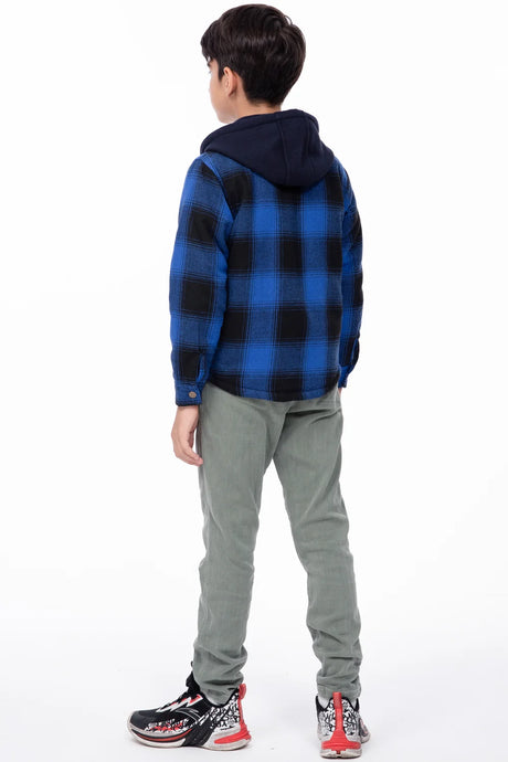 The back of a boy in a midnight blue toddler sherpa lined snap flannel hooded