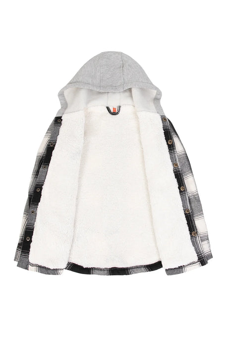 Front view of the lining of midnight black toddler sherpa lined snap flannel shirt with hood