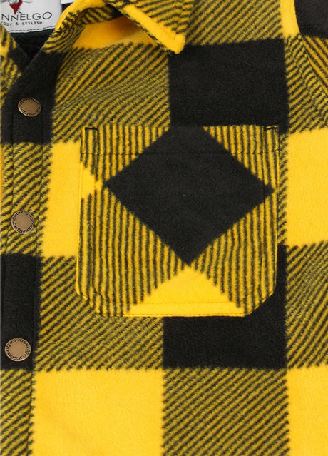 Detail of kids yellow black fleece plaid jacket with pocket