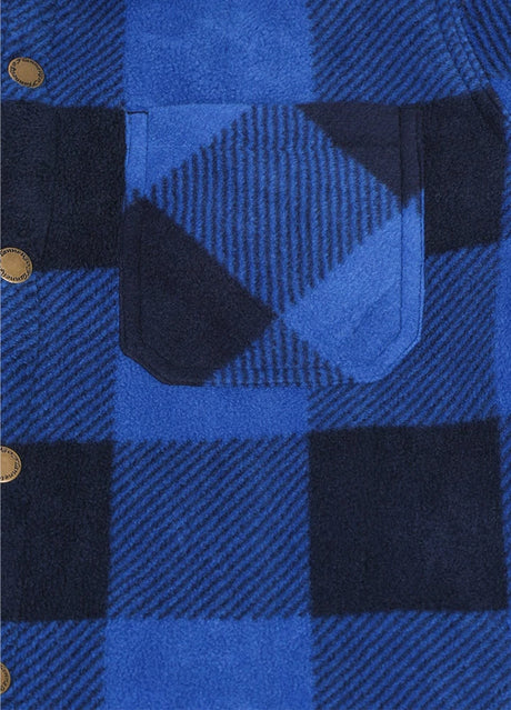 Close-up of front pocket on kids blue fleece plaid jacket