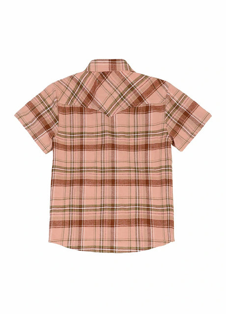 Back view of kids rose latte short-sleeve western shirt