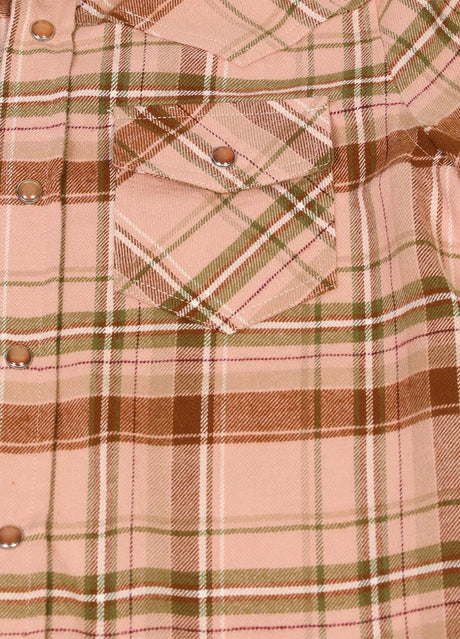 Close-up of pocket with button on kids rose latte short-sleeve shirt