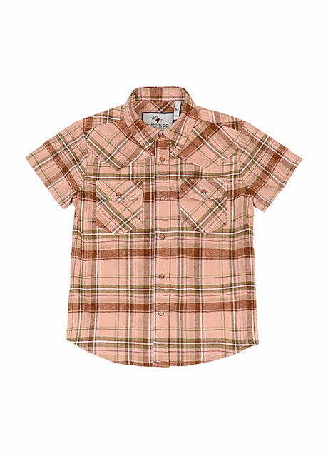 Front view of kids rose latte short-sleeve western shirt