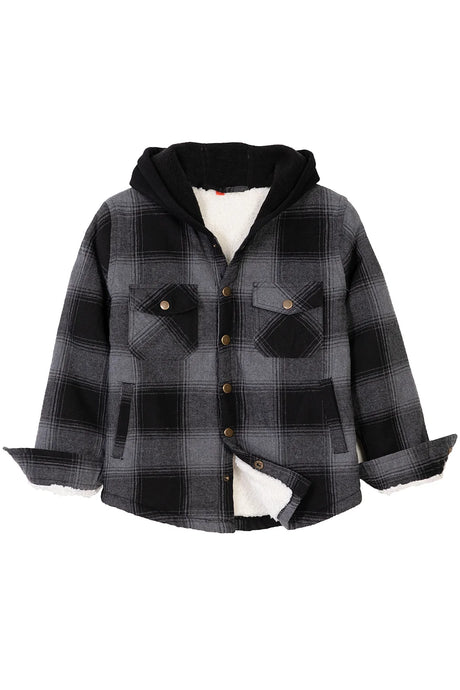 Front view of kids fleece-lined buffalo grey flannel jacket