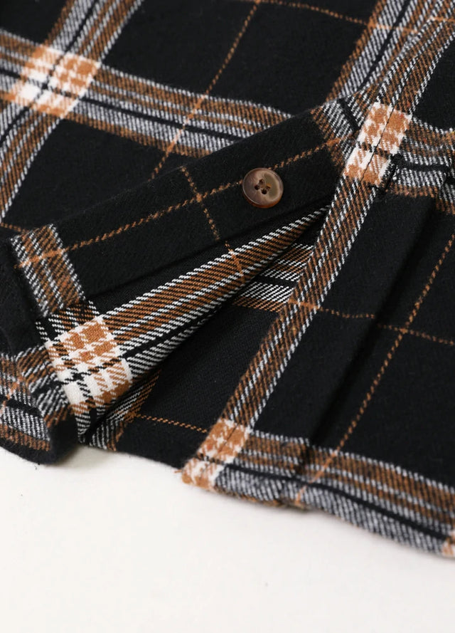 Close-up of the hem of dark chocolate men's heavyweight flannel shirt