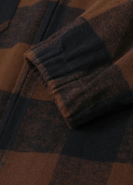 Close-up of the cuff of mocha men's cozy zip up plaid jacket