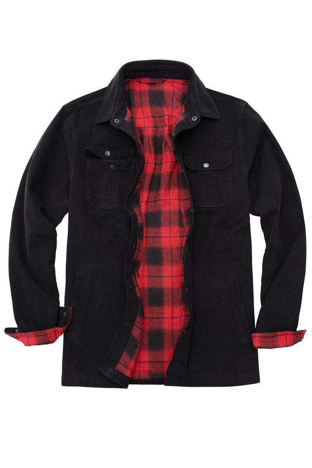 Front view of men's black flannel lined heavy utility shirt jacket