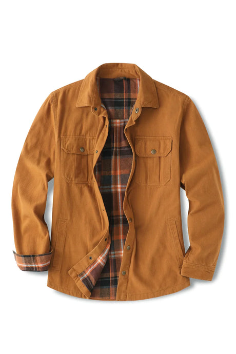 Front view of men's dark khaki flannel lined heavy utility shirt jacket