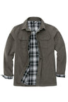 Front view of men's gray flannel lined heavy utility shirt jacket