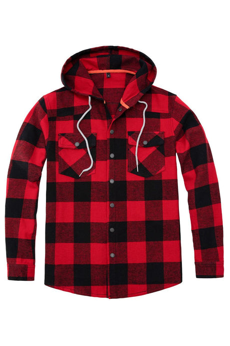 Front view of red buffalo men's plaid heavyweight cotton flannel hoodie