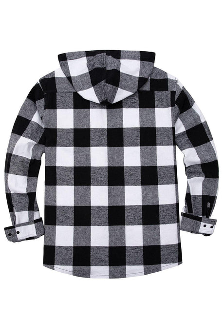 Back view of black white men's heavyweight cotton flannel hoodie