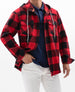 Men in a red buffalo plaid heavyweight relaxed fit flannel hoodie