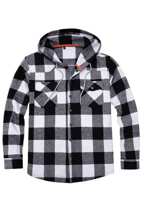 Front view of black white men's plaid heavyweight cotton flannel hoodie