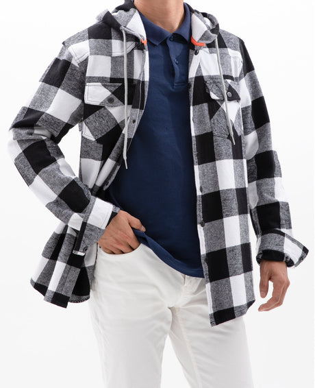 Men in a black white men's brushed heavyweight flannel hoodie