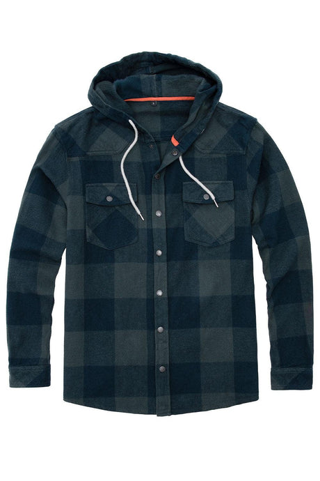 Front view of ink green men's plaid heavyweight cotton flannel hoodie