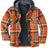 Front view of orange men's cozy thick plaid hooded flannel shirt jacket