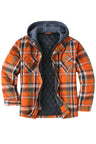 Front view of orange men's cozy thick plaid hooded flannel shirt jacket