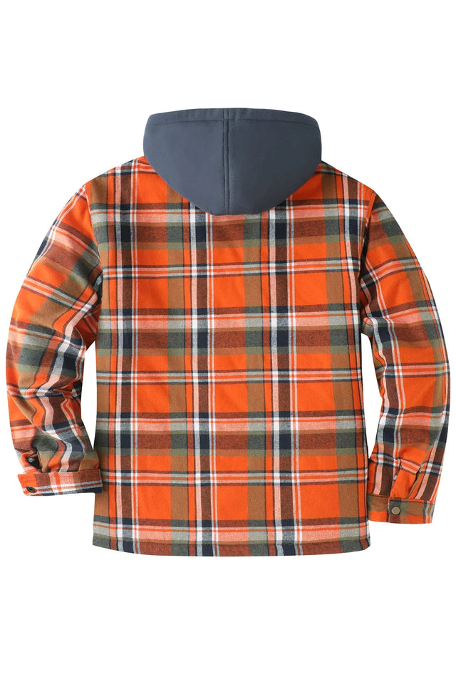 Back view of orange men's quilted lined plaid flannel shacket