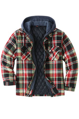 Front view of kelly green men's cozy thick plaid hooded flannel shirt jacket