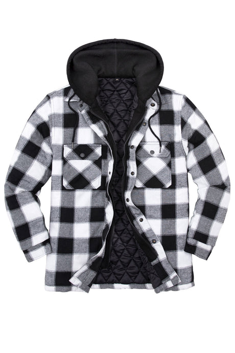 Front view of black grey men's warm thicken plaid hooded flannel shirt jacket