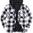 Front view of black grey men's warm thicken plaid hooded flannel shirt jacket