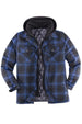 Front view of dark blue men's thicken plaid hooded flannel shirt jacket