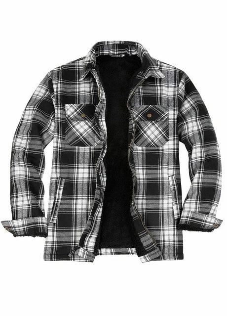 Front view of black white men's fleece lined flannel plaid shirt jacket 