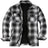 Front view of black white men's fleece lined flannel plaid shirt jacket 