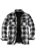 Front view of black white men's fleece lined flannel plaid shirt jacket 