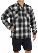 A man with one hand in the pocket in a black white full zip up plaid shirt jacket for men