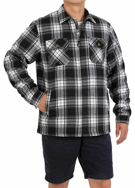 A man with one hand in the pocket in a black white full zip up plaid shirt jacket for men