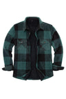 Front view of black green men's plaid sherpa lined shirt jacket