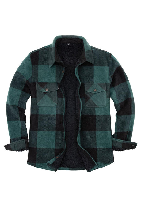 Front view of black green men's durable sherpa lined shacket