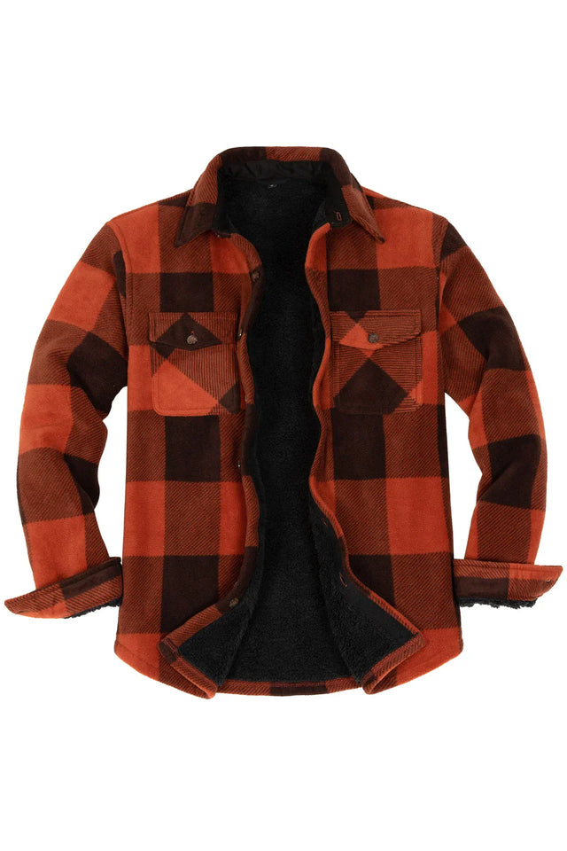 Front view of button open buffalo brown men's warm plaid sherpa lined shirt jacket 