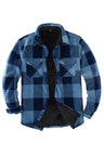 Front view of blue men's plaid sherpa lined shirt jacket