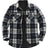 Front view of navy beige men's plaid sherpa lined shirt jacket