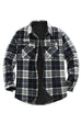 Front view of navy beige men's plaid sherpa lined shirt jacket