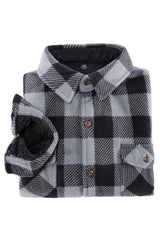 A high view of folded grey men's button closure jacket with sherpa lining