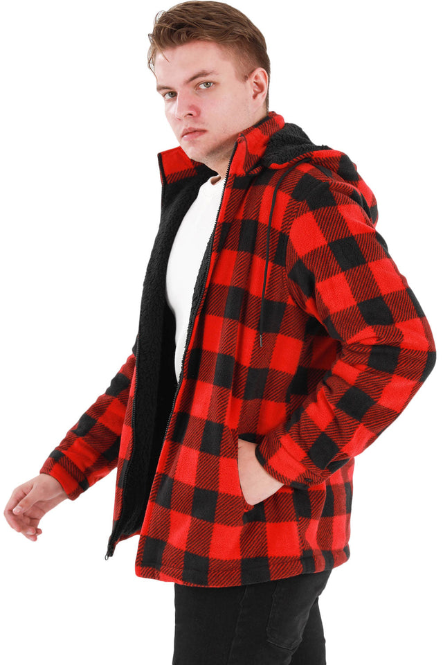 Side view of a man in red plaid men's fleece plaid shirt jacket with removable hood