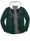 Front view of dark green men's button down plaid flannel shirt jacket